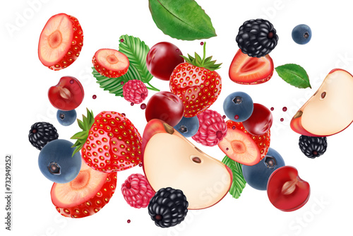 Mix berries fruits splashing of Tropical fruits isolated on white background. Realistic vector in 3D illustrations. Food and drink concepts.