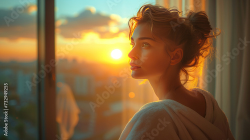 Young woman in bathrobe wake up in modern bedroom open curtains enjoy good morning.generative ai