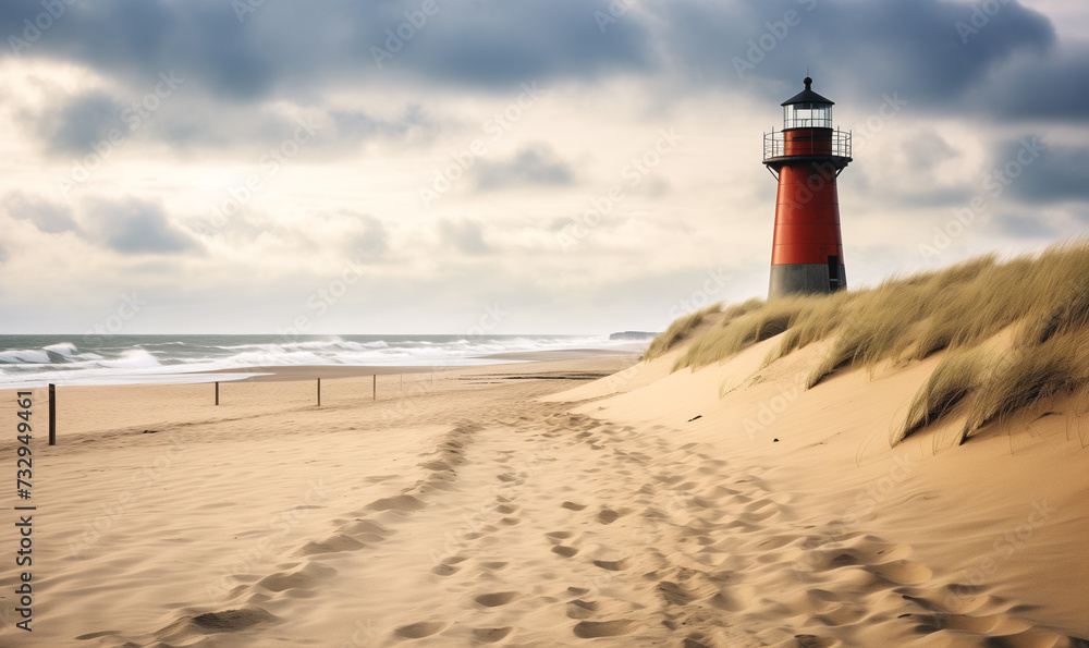 Tall red and white lighthouse on sand dunes in evening sunlight. Blue sky with white clouds. Summer vacation, holiday at sea concept. Panoramic view of a lighthouse standing at the coast on cloudy day