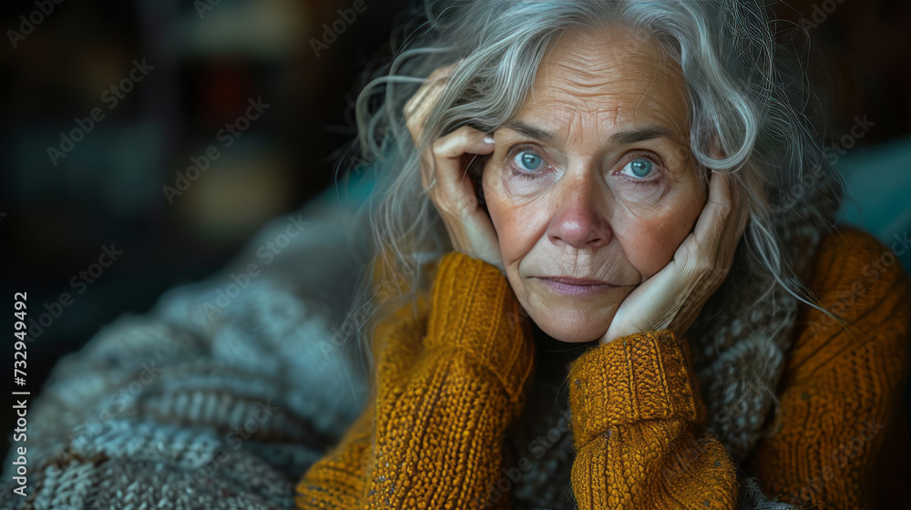 Senior woman with depression sitting with her head in her hands at home ,generative ai Senior woman with depression sitting with her head in her hands at home ,generative ai