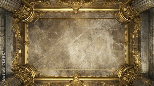 Abstract ornamental vintage aesthetics marble framed wall hanging, in the style of intricate frescoes ceiling design. Luxurious baroque style patchwork patterns. Decorative borders with gold. photo