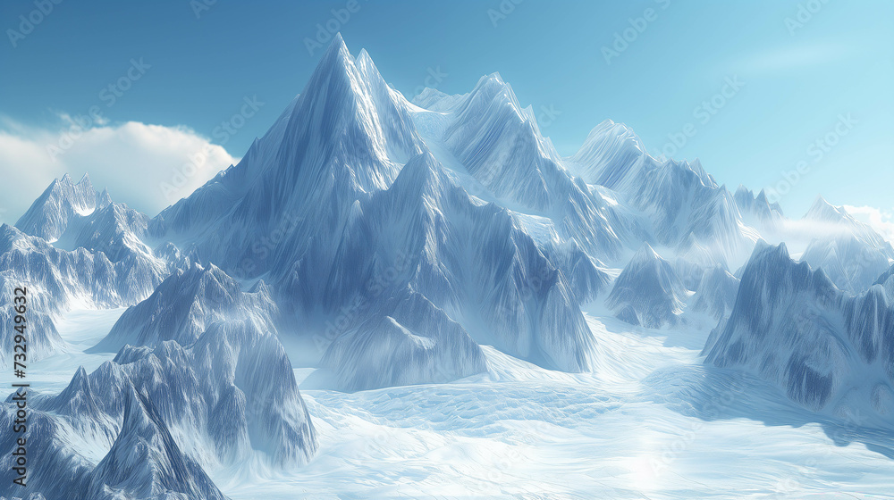 A winter wonderland in the mountains It features icebergs and glaciers amid towering snow-capped peaks. under the clear blue sky with icebergs and glaciers.