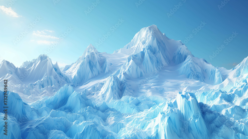 A winter wonderland in the mountains It features icebergs and glaciers amid towering snow-capped peaks. under the clear blue sky with icebergs and glaciers.