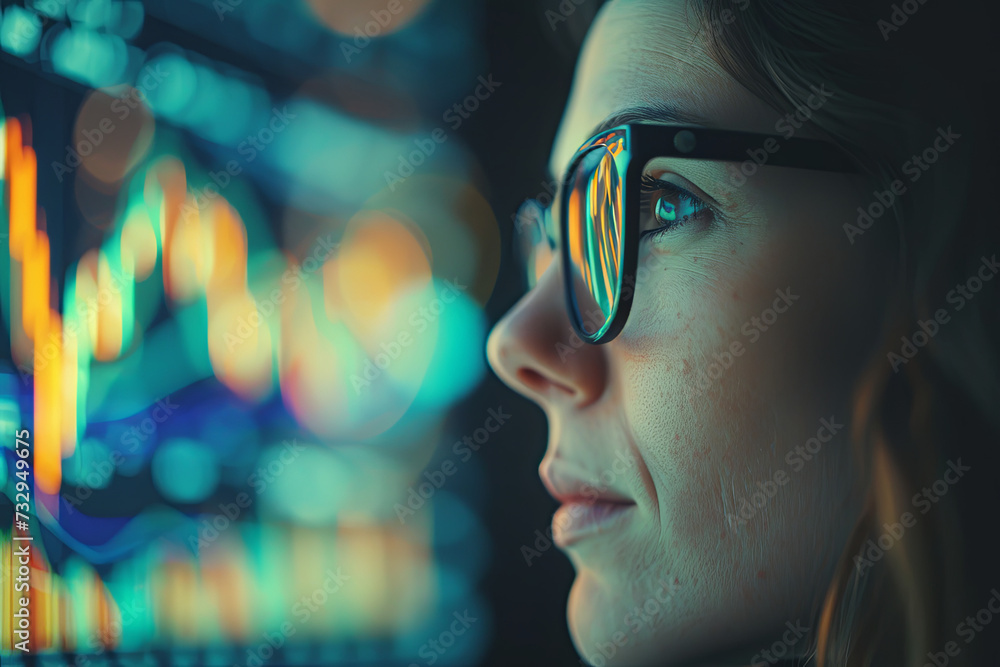 A woman monitoring the stock market index A woman monitoring the stock market index
