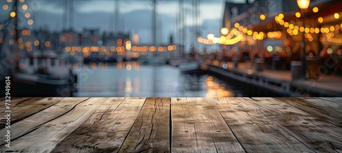 Rustic wooden surface set against blurred backdrop of picturesque harbor capturing essence of coastal escape is perfect for showcasing products with nautical theme © Bussakon