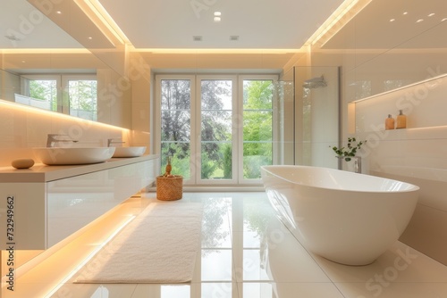 Contemporary Bathroom Oasis with Golden Glow and Architectural Sophistication