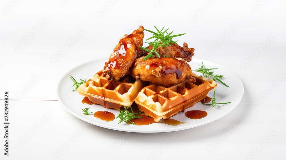 Waffles with honey and chicken wings on a white plate on a white background Waffles with honey and chicken wings on a white plate on a white background