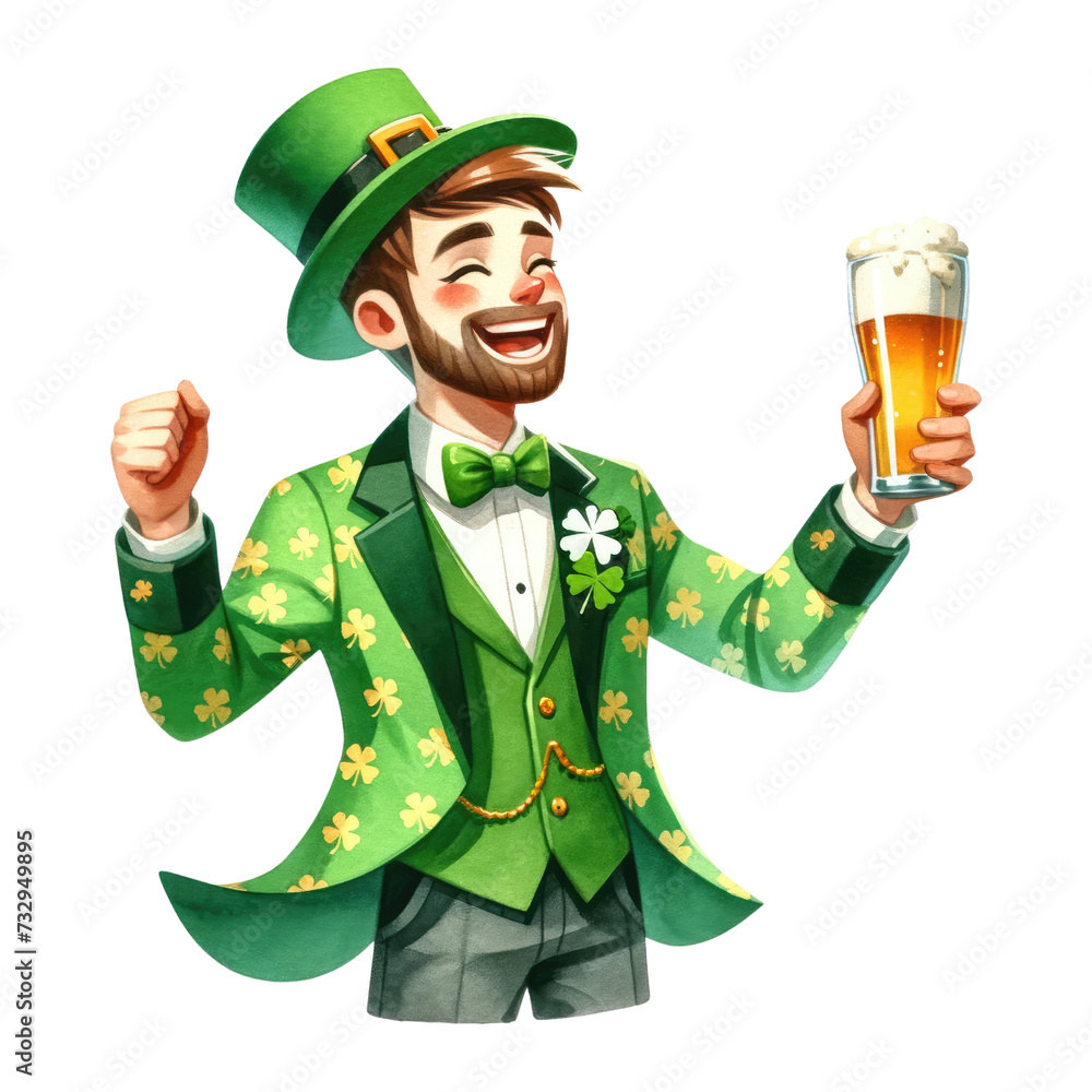 Watercolor man in a leprechaun costume holding a glass of beer and celebrating. Irish culture concept. St. Patrick's Day element clipart. Watercolor man in a leprechaun costume holding a glass of beer and celebrating. Irish culture concept. St. Patrick's Day element clipart.