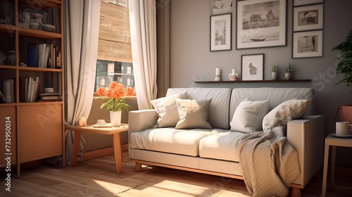 A smartly designed small living room with a convertible sofa and foldable furniture for flexibility photo