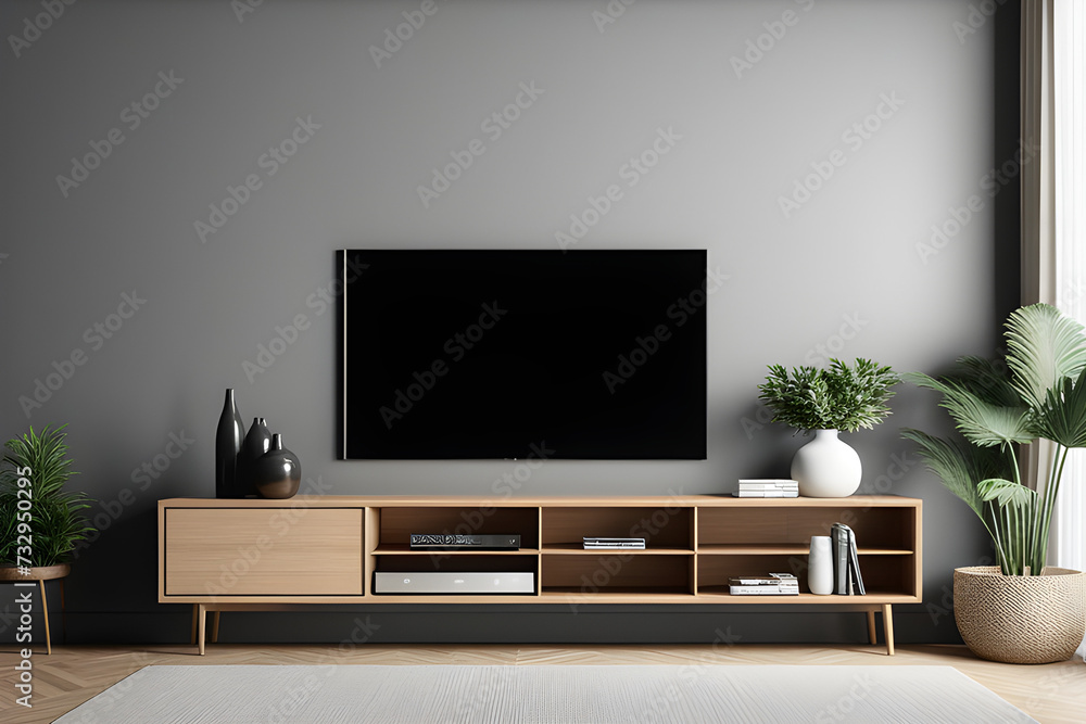 Simple minimal cabinet for tv interior wall mockup,3d rendering