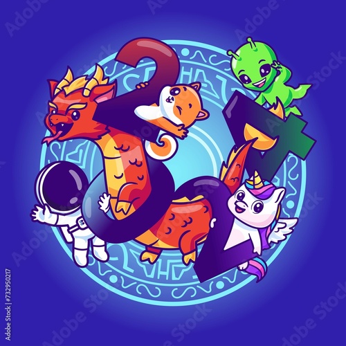 Cute Dragon Astronaut Alien Shiba Inu Dog Unicorn Cat New Year 2024 With Gold Coin Space Cartoon