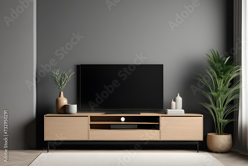 Simple minimal cabinet for tv interior wall mockup,3d rendering. Modern living room