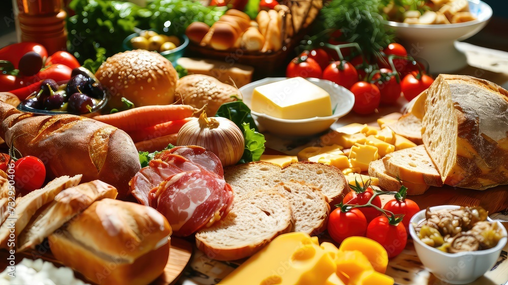 Composition with variety of food products on wooden table, closeup