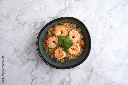 Fried rice and prawn in bowl. Spicy Shrimp Fried Rice