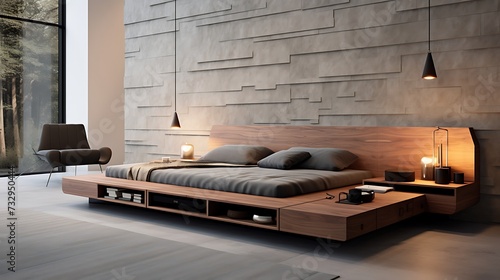 A sleek, minimalist bench at the foot of the bed serving as both seating and storage