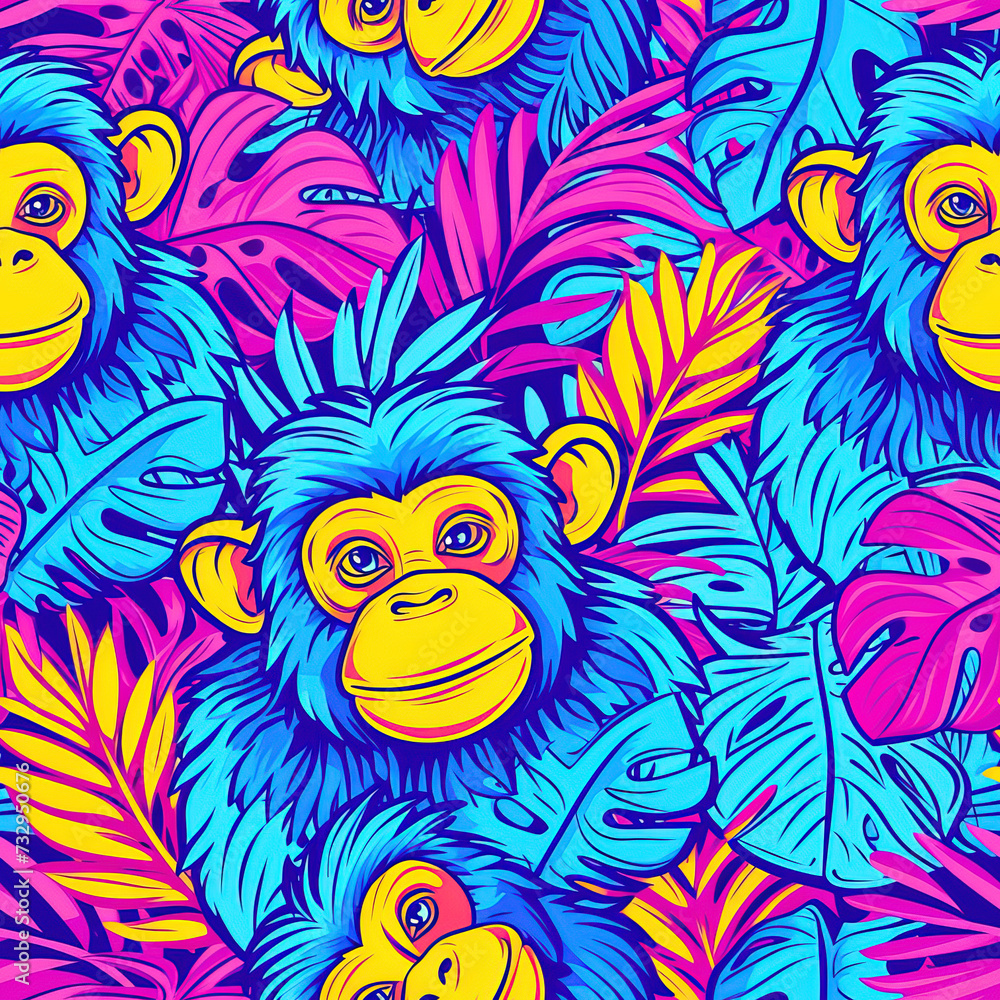 Monkey line art pop art cartoon colorful repeat pattern, vibrant bright party funky kawaii Monkey line art pop art cartoon colorful repeat pattern, vibrant bright party funky kawaii
