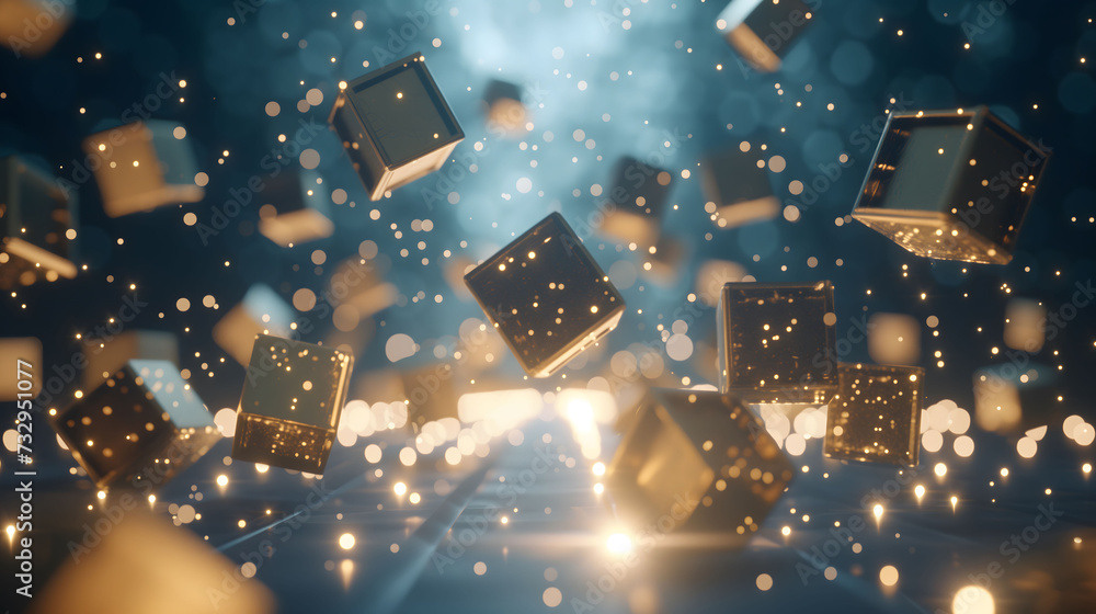Abstract Golden Cubes Floating with Glowing Particles on Dark Background Abstract Golden Cubes Floating with Glowing Particles on Dark Background