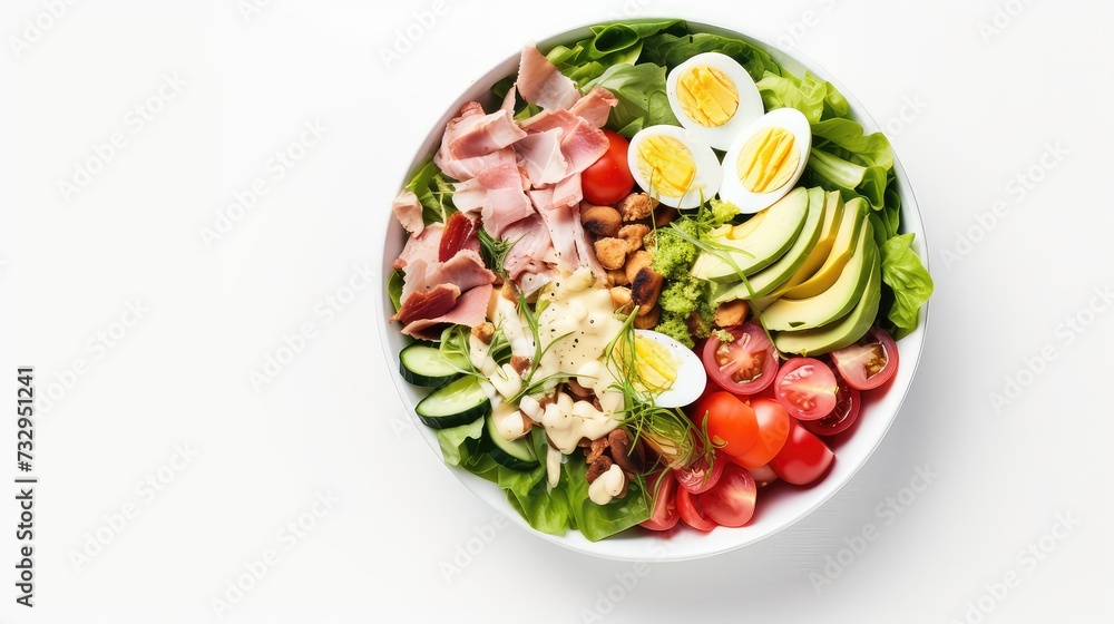 Healthy salad with quail eggs, avocado, cherry tomatoes and pecan nuts on white background Healthy salad with quail eggs, avocado, cherry tomatoes and pecan nuts on white background