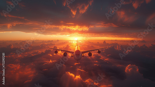 Commercial airplane flying above dramatic clouds during sunset generative ai