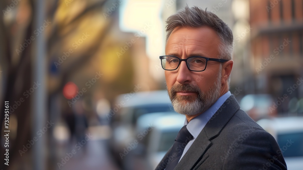 Businessman in eyeglasses and a tailored suit, set against the bustling backdrop of a city street Businessman in eyeglasses and a tailored suit, set against the bustling backdrop of a city street