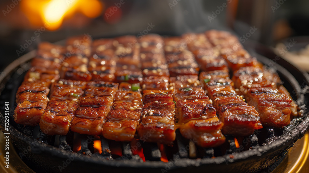 close up Thai barbecue grill pork bacon on Yellow brass pan BBQ ,generative ai