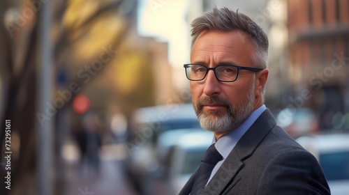 Businessman in eyeglasses and a tailored suit, set against the bustling backdrop of a city street