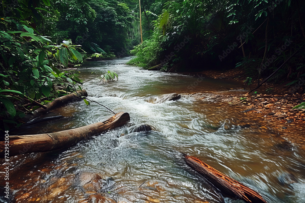 Tropical River in Lush Rainforest, A serene tropical river flows ...