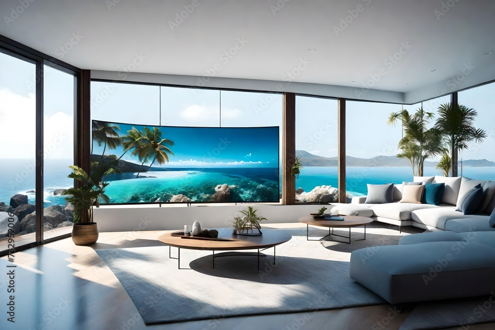 A coastal-themed living room with a wall mockup showcasing a series of panoramic ocean views, bringing a sense of tranquility to the modern interior.