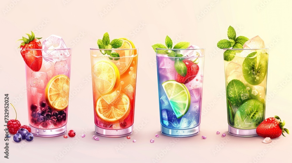 Set of multicolored summer drinks. Mojito, lemonade, berry, strawberry lemonade or cocktail with iced - generative ai Set of multicolored summer drinks. Mojito, lemonade, berry, strawberry lemonade or cocktail with iced - generative ai