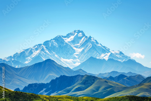 Majestic Snow-Capped Mountain Range Overlooking Green Valleys, Snow-capped peaks rise majestically above vibrant green valleys under the clear blue sky, offering a breathtaking natural landscape.