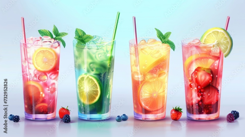 Set of multicolored summer drinks. Mojito, lemonade, berry, strawberry lemonade or cocktail with iced - generative ai Set of multicolored summer drinks. Mojito, lemonade, berry, strawberry lemonade or cocktail with iced - generative ai
