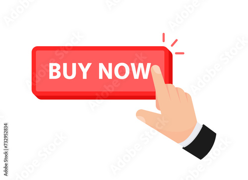 Vector depiction of a hand clicking a Buy Now button, signifying a prompt online purchase