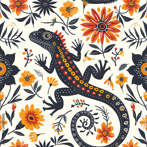 Mexican lizards folk floral repeat pattern