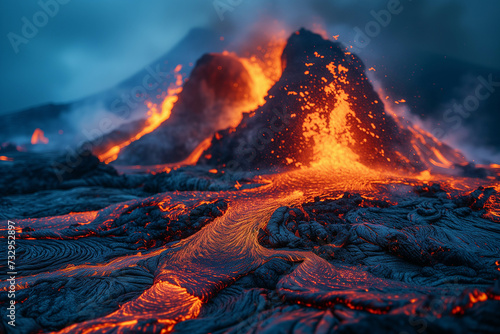A volcano is erupting and spewing out hot lava streams.