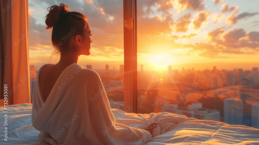 Young woman in bathrobe wake up in modern bedroom open curtains enjoy good morning.generative ai - obrazy, fototapety, plakaty 