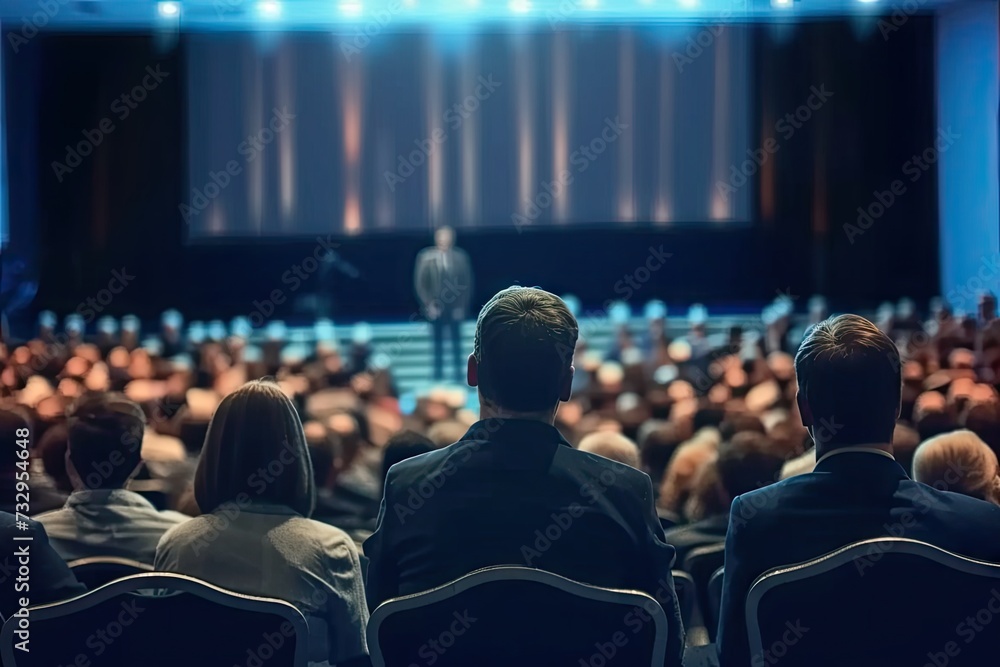 Bustling scene of crowded auditorium filled with eager audience all facing prominent stage set for significant event or performance dynamic setting captures of public engagement and entertainment