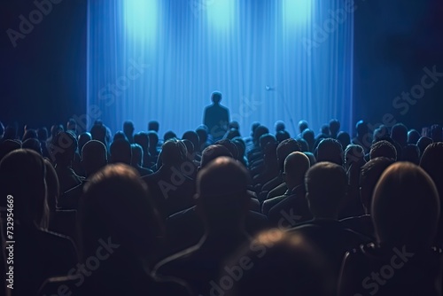 Bustling scene of crowded auditorium filled with eager audience all facing prominent stage set for significant event or performance dynamic setting captures of public engagement and entertainment