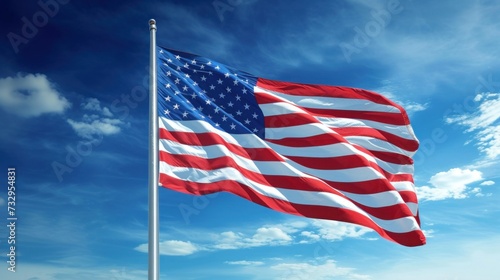 Flag of United States of America being waved in the breeze against a sunset sky. US flag