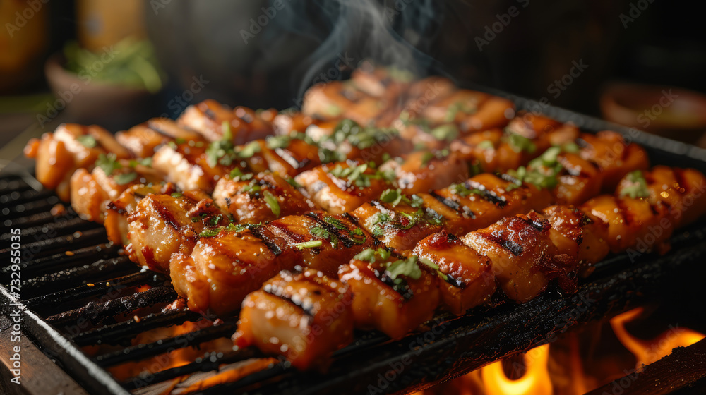 close up Thai barbecue grill pork bacon on Yellow brass pan BBQ ,generative ai