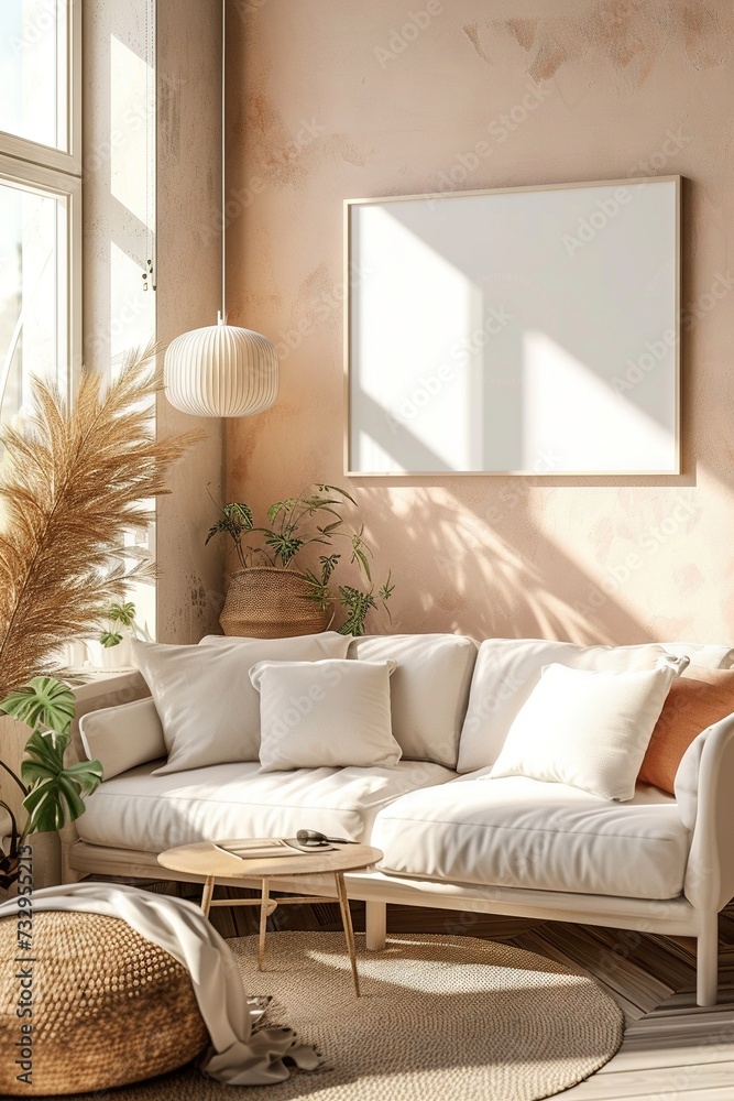 Fototapeta premium Blank frame for mockup, frame hanging on a wall, boho modern style.