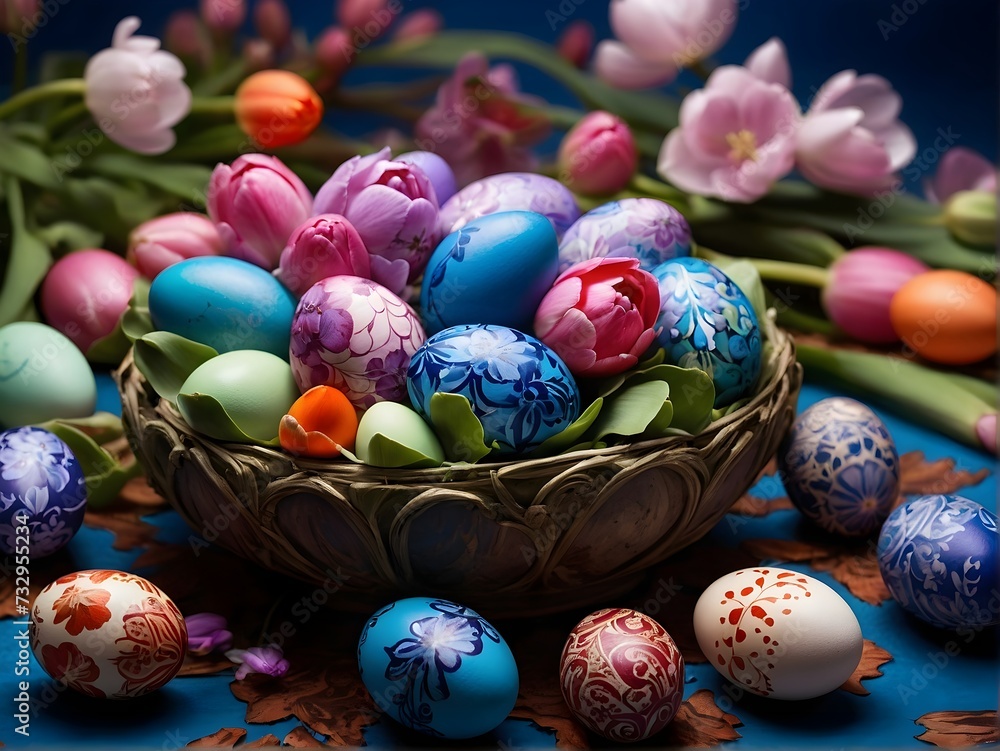 Fototapeta premium For Easter, painted eggs with flowers in spring
