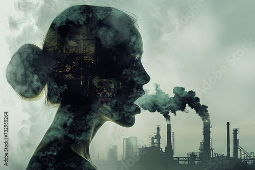 Harmful pollutants within the human body and consumption of pollutants depicted as an open mouth ingesting industrial toxins