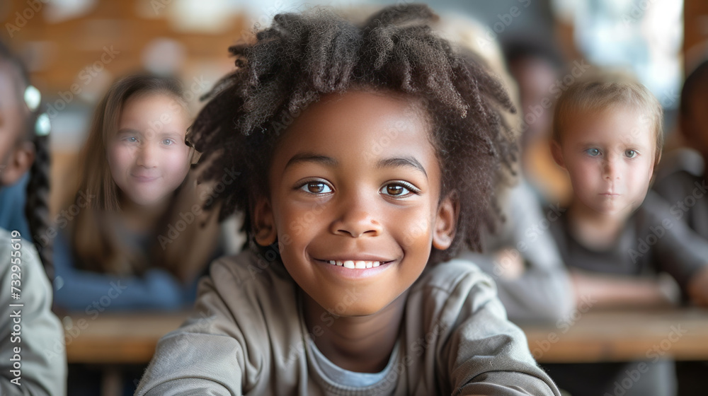 African boy at primary school Cute black kid in countryside looking at camera while with classmates in school,generative ai African boy at primary school Cute black kid in countryside looking at camera while with classmates in school,generative ai