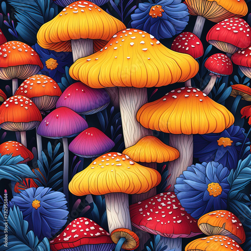 Mushroom cartoon colorful groovy repeat pattern