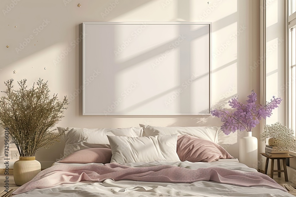 Naklejka premium Blank frame for mockup, frame hanging on a wall, boho modern style.