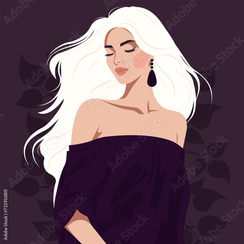 Vector flat fashion illustration of a young blonde girl with long hair in a dress with bare shoulders.
