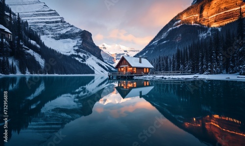 Stunning blue hour shot of a boat house on a crystal clear winter morning at a Lake
