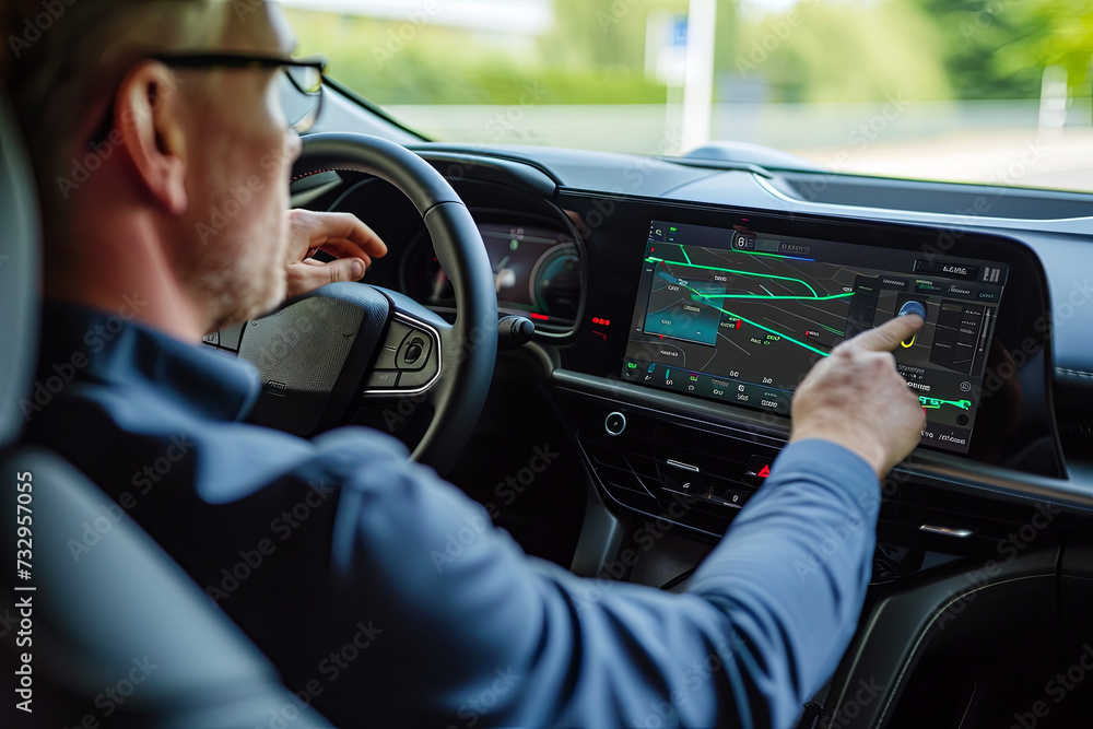 An individual checking the battery and distance traveled data on a car’s built-in display An individual checking the battery and distance traveled data on a car’s built-in display