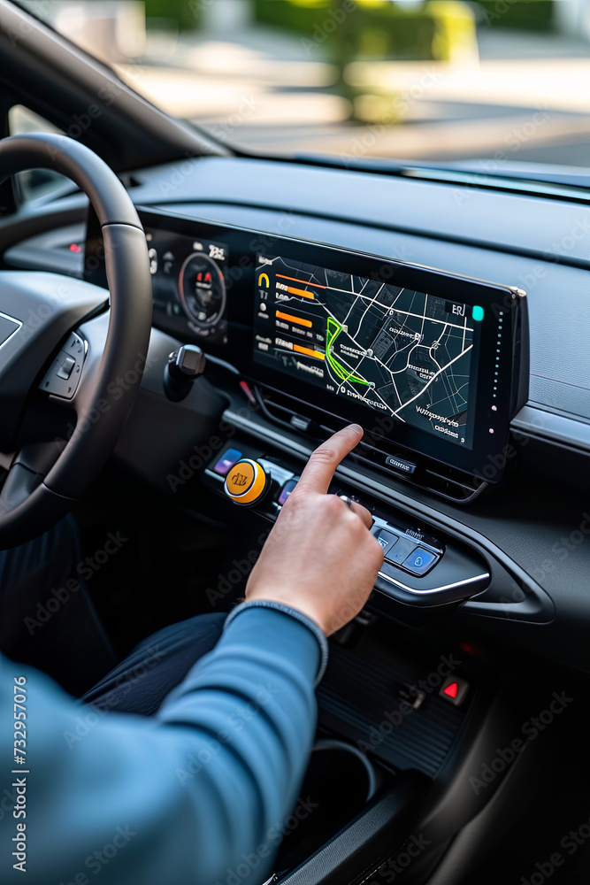 An individual checking the battery and distance traveled data on a car’s built-in display