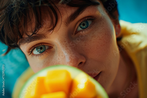 Confident woman with freckles and short hair eating a sliced mango, healthy lifestyle and self-care photo
